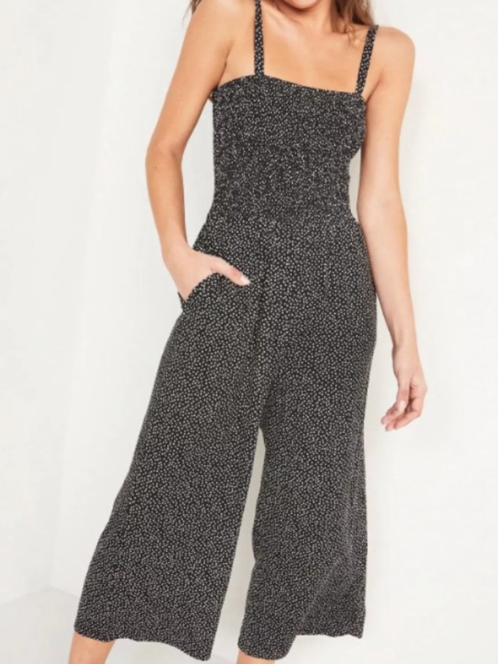 Cropped Smocked Wide-Leg Jumpsuit for Women Size Small Black white